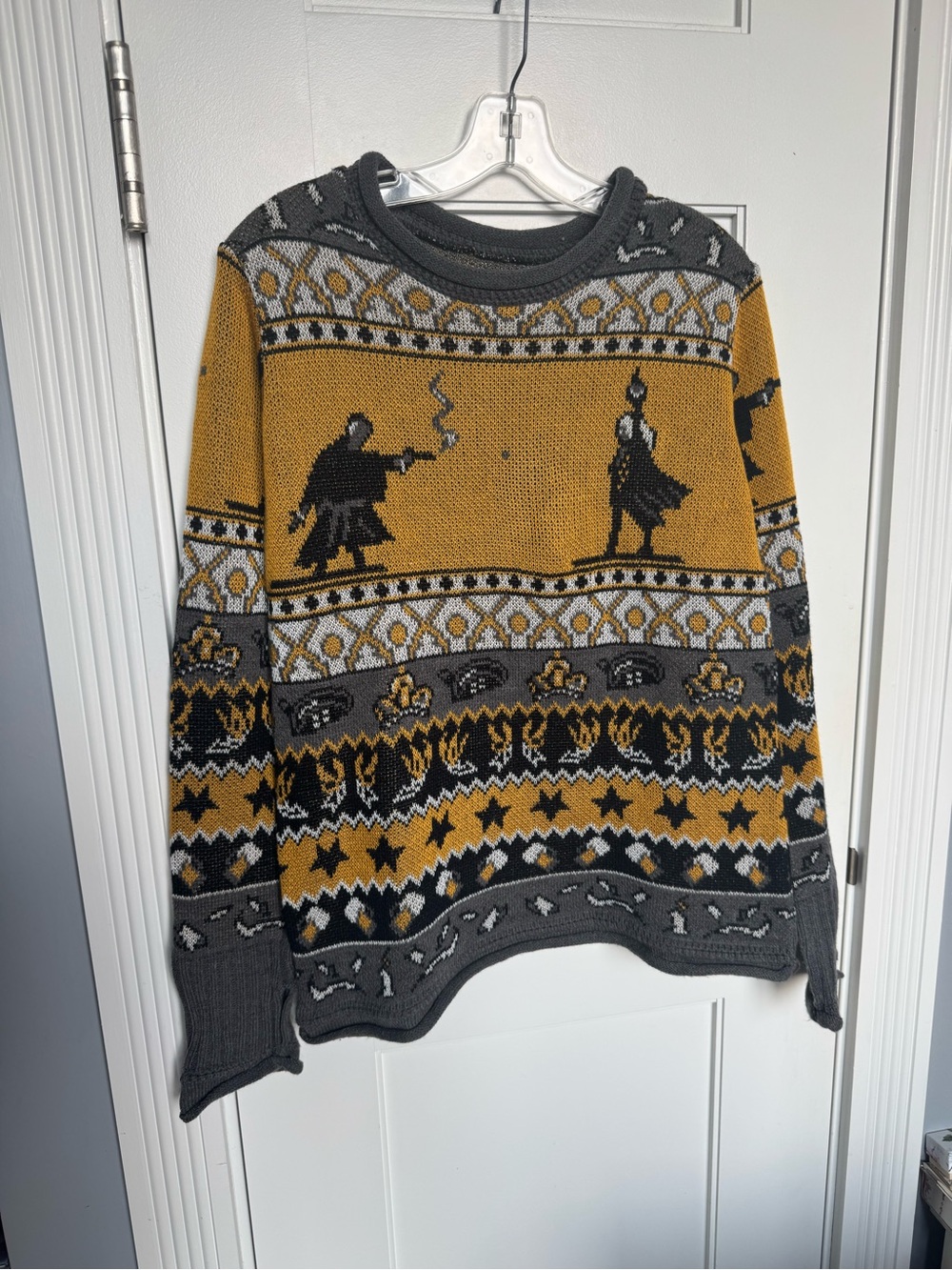 Duel scene inspired by Hamilton Mustard & Charcoal Patterned Crewneck Sweater